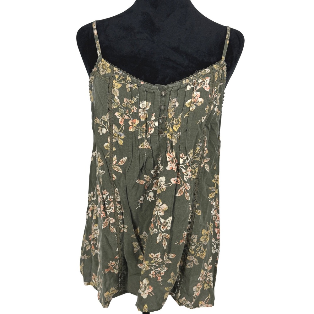 SONOMA Floral Baydoll Cami Tank Top Pintuck‎ Button M Green Brown Forest Fairy